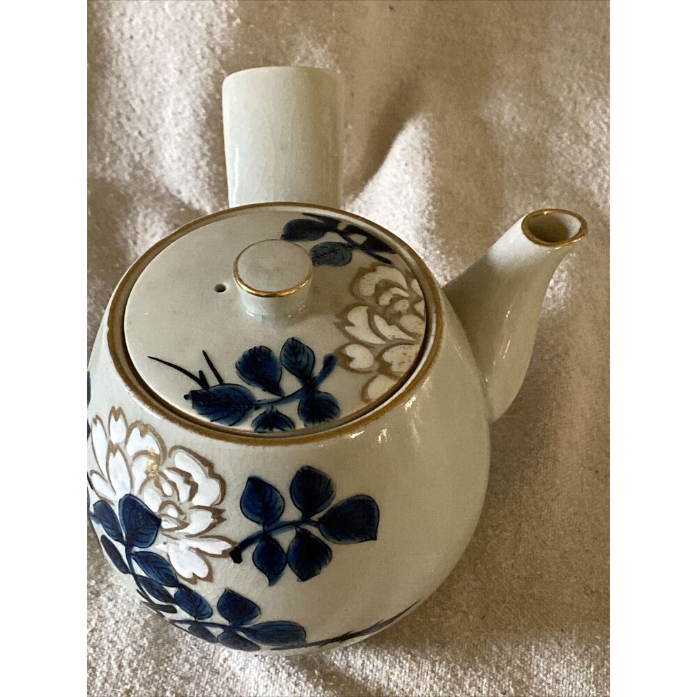 Vintage Katani Signed Blue White Porcelain Japanese Teapot with Side Handle